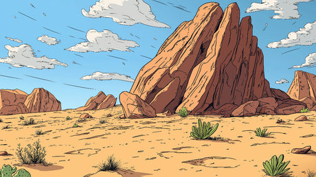 Desert landscape wallpaper design file showing detailed rock formations and cacti illustration