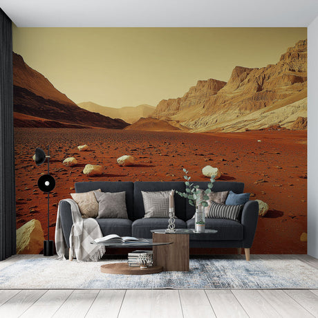 Desert landscape wallpaper creating a dramatic backdrop in a modern living room with minimalist furniture