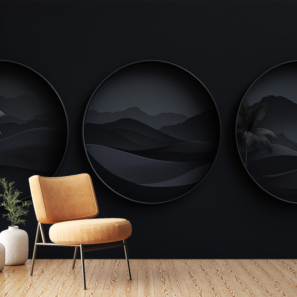 Black and white desert landscape mural wallpaper creating dramatic impact in a modern minimal living room