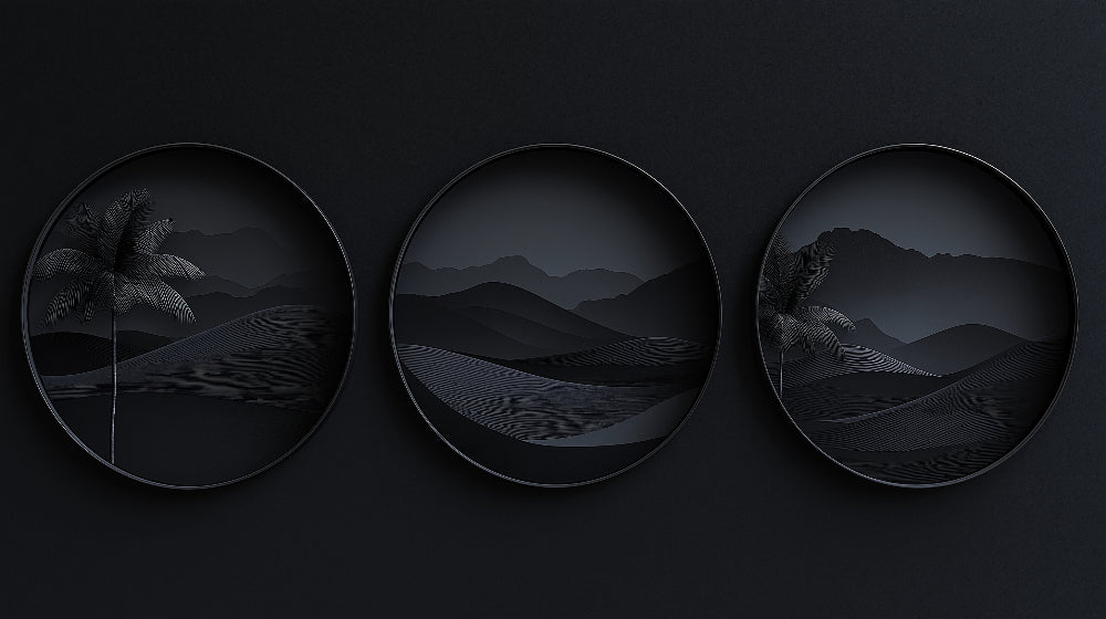 Desert landscape wallpaper design file showing black and white circular frames with palm silhouettes