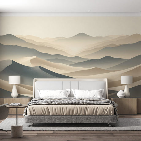 Desert Sand Dunes Mural Wallpaper creating a calming atmosphere in a modern minimalist living room with natural light