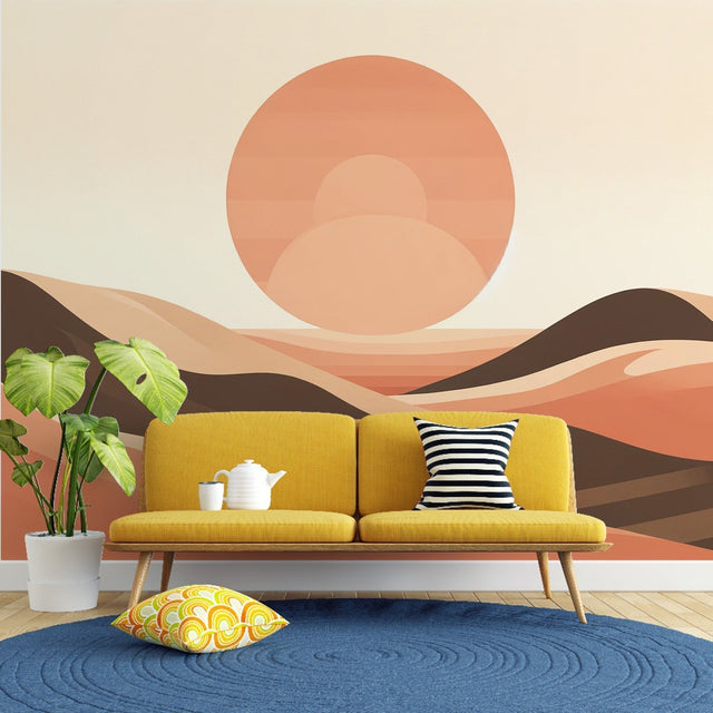 Modern Desert Landscape Wallpaper creating a calm atmosphere in a minimalist living room with clean furniture