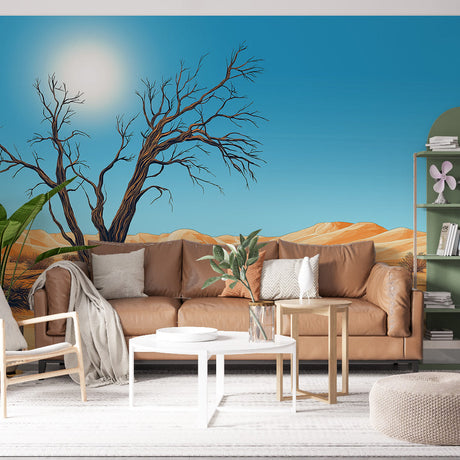 Desert tree wall mural styled in modern minimalist living room with neutral furniture and natural light