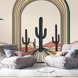Modern Desert Arch Cactus Wallpaper styled in a bright minimalist living room with clean furniture and natural light