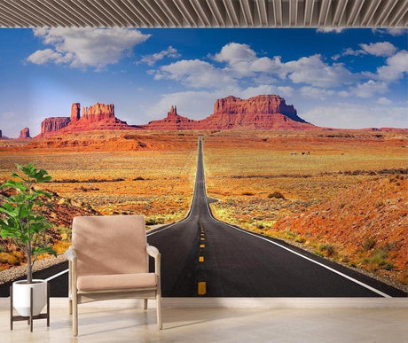Desert wall mural creating depth in modern living room with Monument Valley road panorama