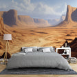 Desert landscape wallpaper creates dramatic impact in modern living room with natural lighting and minimal furniture