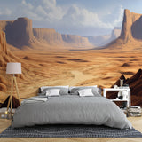 Desert landscape wallpaper creates dramatic impact in modern living room with natural lighting and minimal furniture