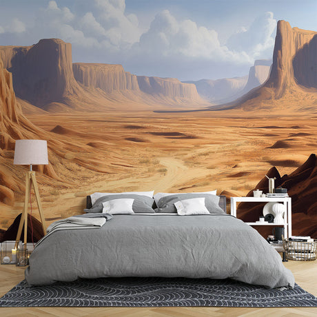 Desert landscape wallpaper creates dramatic impact in modern living room with natural lighting and minimal furniture