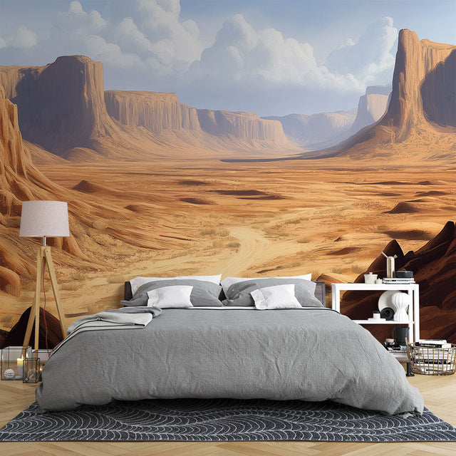 Desert landscape wallpaper creates dramatic impact in modern living room with natural lighting and minimal furniture