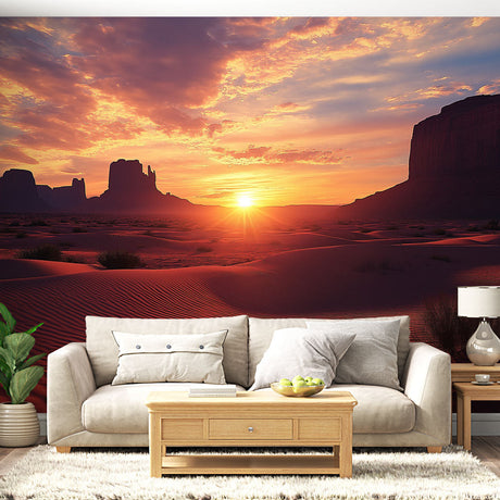 Desert landscape mural wallpaper shown in modern living room, Monument Valley sunset creates warm ambiance