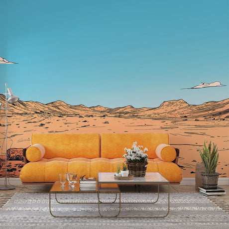 Desert Mountain Line Art Wallpaper creating a striking focal point in a modern living room with minimalist furniture