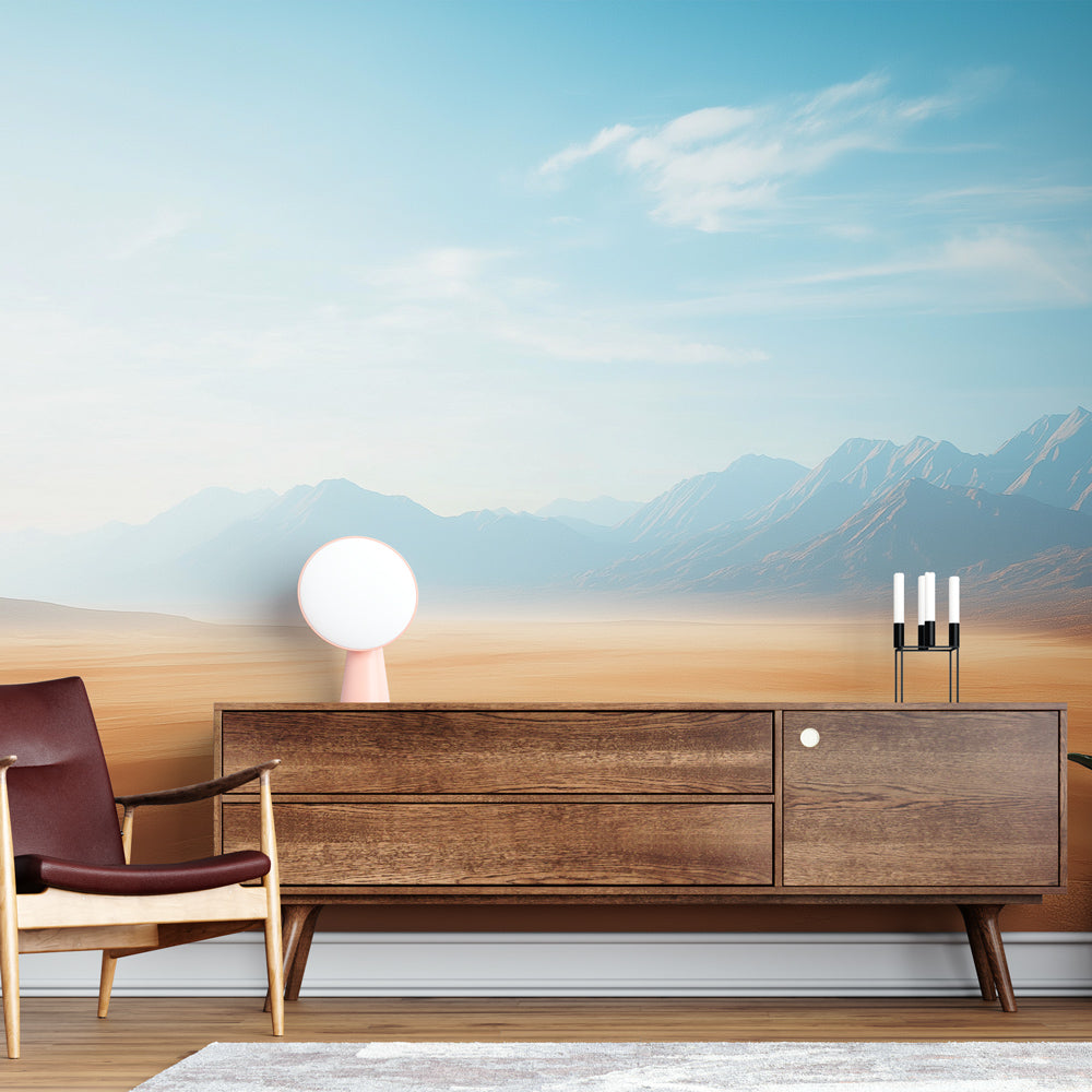 Desert Mountain Panorama mural wallpaper in a modern living room, showing warm earth tones and morning light effects