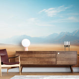 Desert Mountain Panorama mural wallpaper in a modern living room, showing warm earth tones and morning light effects