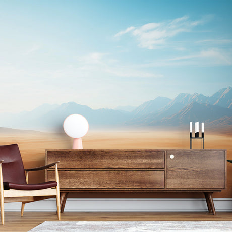 Desert Mountain Panorama mural wallpaper in a modern living room, showing warm earth tones and morning light effects