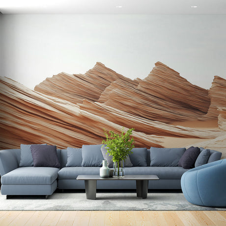Desert rock formation wallpaper creating a stunning accent wall in a modern living room with minimalist furniture