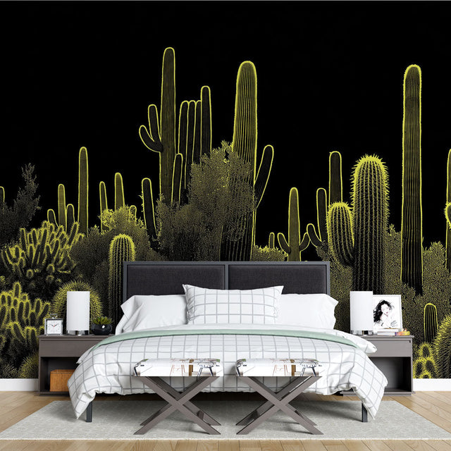 Modern living room with glowing desert cactus wallpaper creating dramatic night effect on feature wall