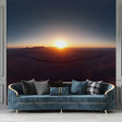 Desert canyon sunrise wallpaper mural in a modern living room, showing warm morning light and panoramic views