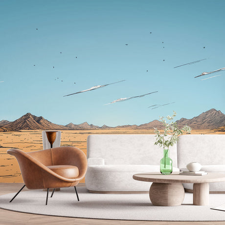 Desert landscape wallpaper creating depth in a modern living room with minimal furniture and natural light