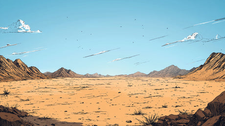 Desert mountain landscape design file showing detailed panoramic vista with golden sands and blue sky