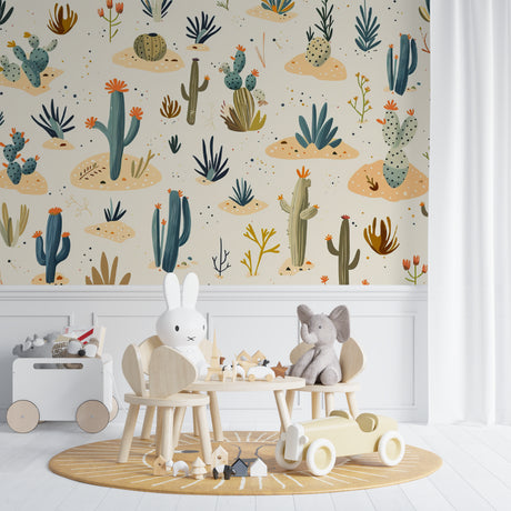 Desert Cactus Wallpaper bringing charm to a bright nursery with natural light and wooden furniture