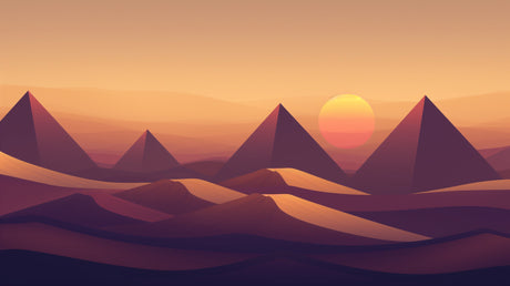Desert landscape wallpaper with pyramids shown in a modern living room, creating a warm and inviting atmosphere
