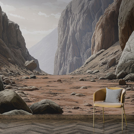 Desert canyon wallpaper mural displayed in a modern living room, showing natural light interaction with earthy tones