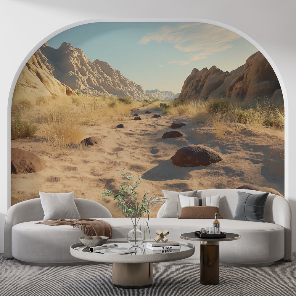 Desert canyon wallpaper mural styled in modern living room with minimal furniture and natural light