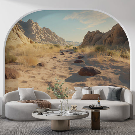 Desert canyon wallpaper mural styled in modern living room with minimal furniture and natural light