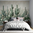 Desert Cactus Wallpaper bringing serene sage green tones to a modern living room with minimal furniture