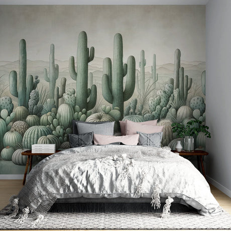Desert Cactus Wallpaper bringing serene sage green tones to a modern living room with minimal furniture
