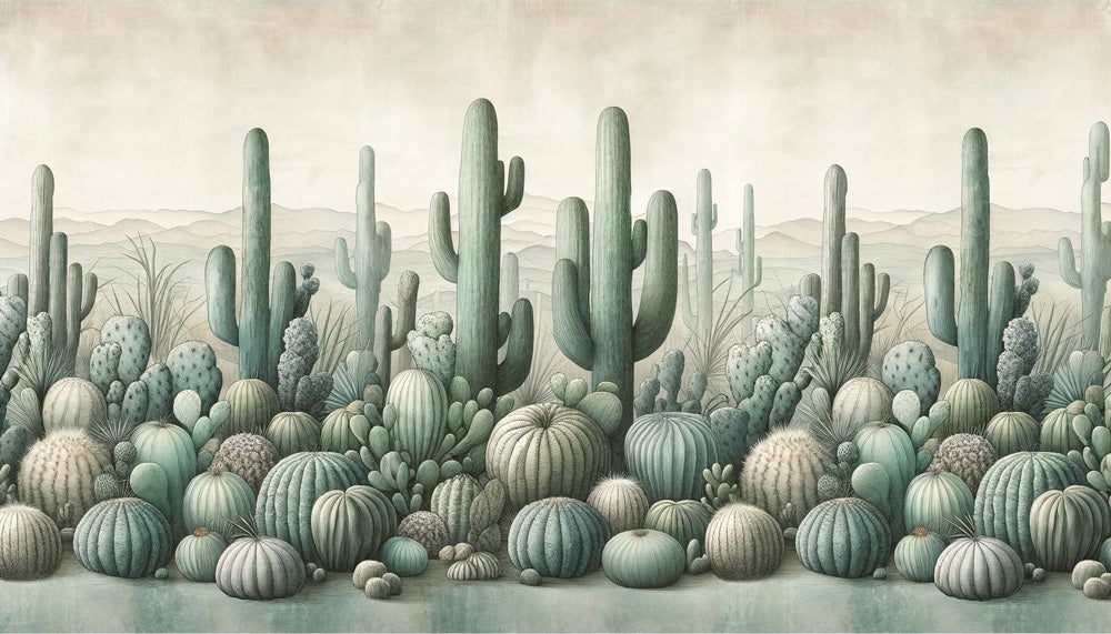 Desert Cactus Wallpaper design file showing detailed sage green saguaro and barrel cacti pattern
