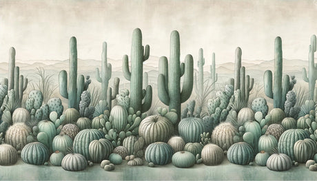 Desert Cactus Wallpaper design file showing detailed sage green saguaro and barrel cacti pattern