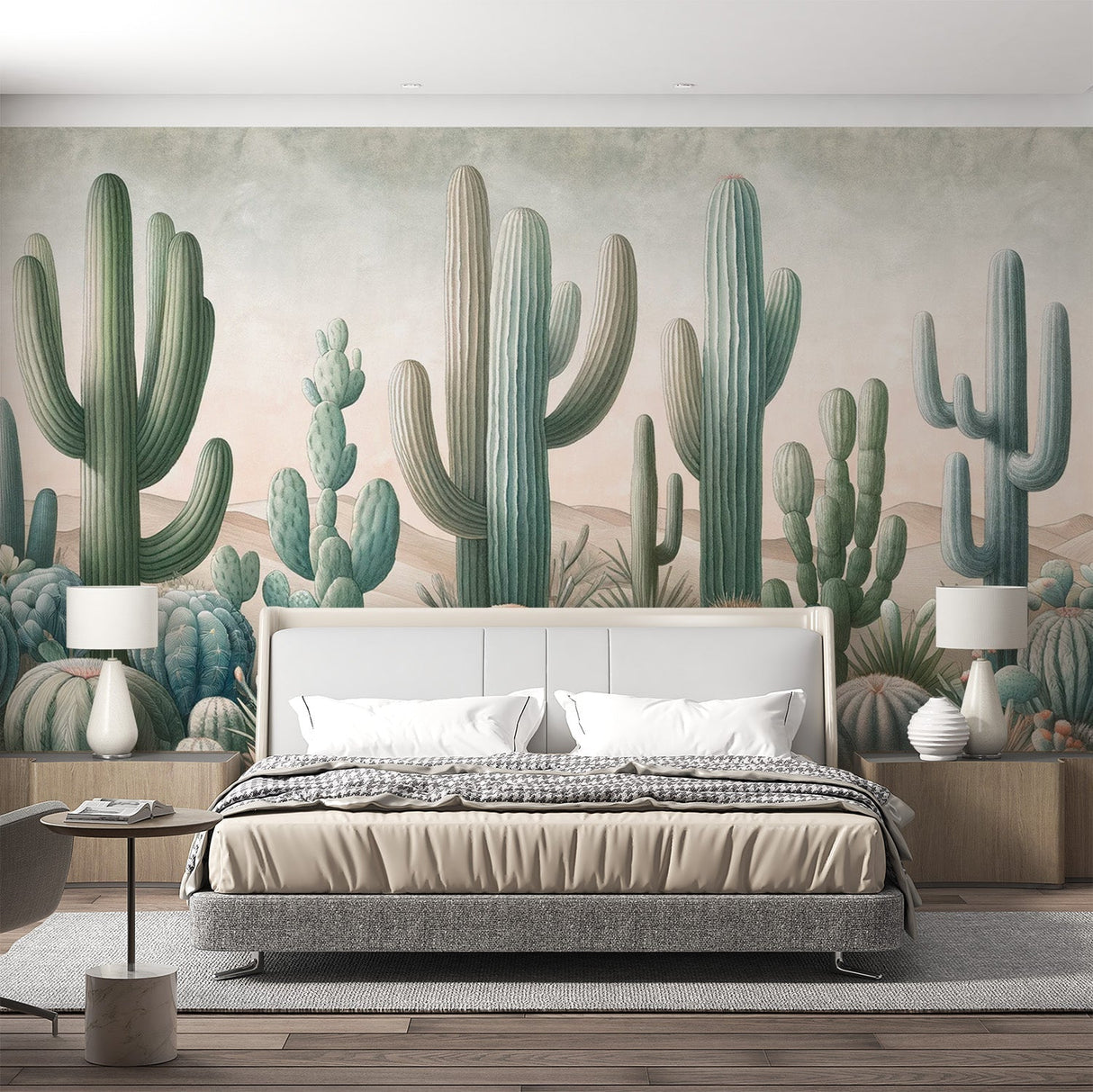 Desert landscape wallpaper with sage green cacti creating a calm atmosphere in a modern living room setting