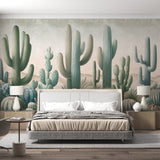 Desert landscape wallpaper with sage green cacti creating a calm atmosphere in a modern living room setting