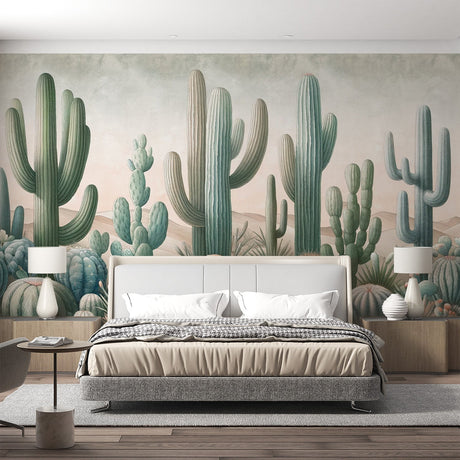 Desert landscape wallpaper with sage green cacti creating a calm atmosphere in a modern living room setting