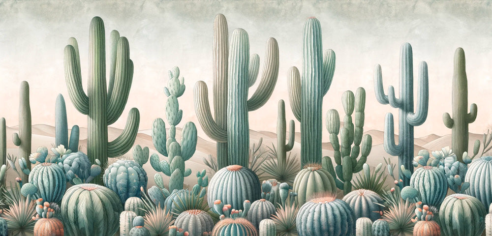Desert wallpaper design file showing detailed sage green cactus pattern on beige background