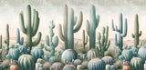 Desert wallpaper design file showing detailed sage green cactus pattern on beige background