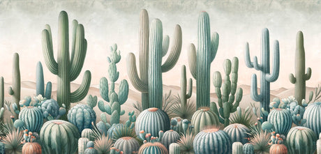 Desert wallpaper design file showing detailed sage green cactus pattern on beige background
