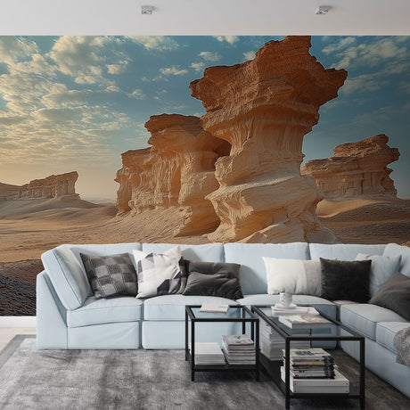 Desert landscape mural wallpaper creating a stunning focal point in a minimal modern living room with natural light