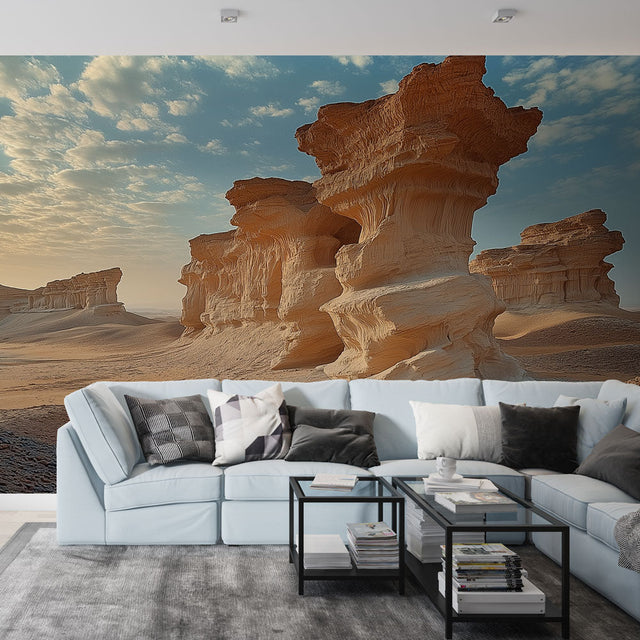 Desert landscape mural wallpaper creating a stunning focal point in a minimal modern living room with natural light