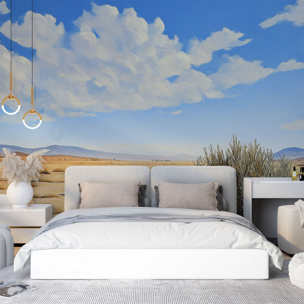 Desert landscape wallpaper creates a peaceful atmosphere in a modern living room with neutral furniture