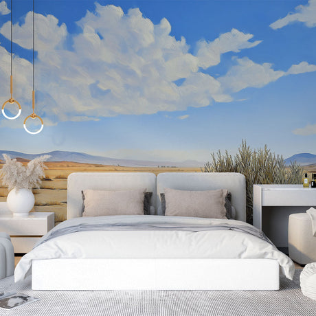 Desert landscape wallpaper creates a peaceful atmosphere in a modern living room with neutral furniture