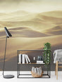 Desert landscape wallpaper creating a calm atmosphere in a modern living room with minimal furniture