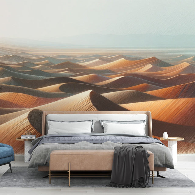 Desert landscape wallpaper creating a stunning focal point in a modern living room with minimalist furniture