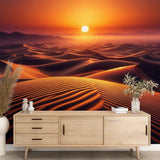 Desert landscape wallpaper creating depth in a modern living room, warm sunset tones complement neutral furniture