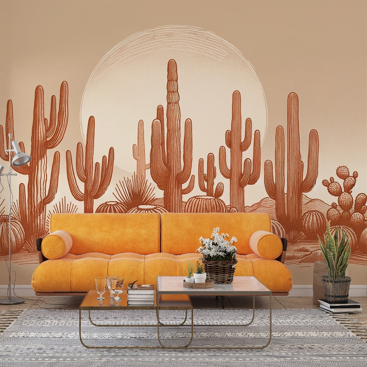 Desert Cactus Wallpaper shown in modern living room, warm terracotta tones creating cozy southwestern atmosphere