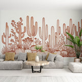 Desert Cactus Line Art Wallpaper creating a modern focal point in a bright, minimal living room with terracotta accents