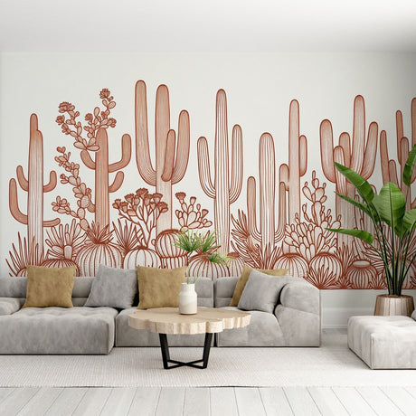 Desert Cactus Line Art Wallpaper creating a modern focal point in a bright, minimal living room with terracotta accents