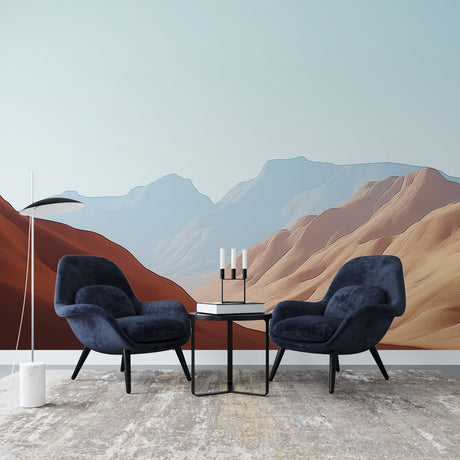 Desert landscape wallpaper creates a calm atmosphere in a minimal Scandinavian living room with natural light