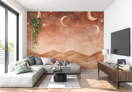 Desert night wallpaper with moons and stars creating a cozy atmosphere in a modern bedroom